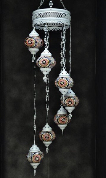Lampada a sospensione in vetro colorato con mosaico orientale, bianco crema, 7 sfere, realizzata a mano in Turchia