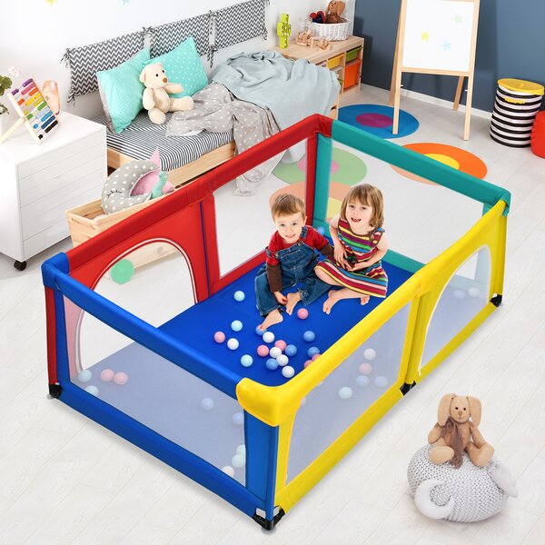 Costway Box per bambini con cancello extra large e rete traspirante, Centro attività portatile per interno Colorato