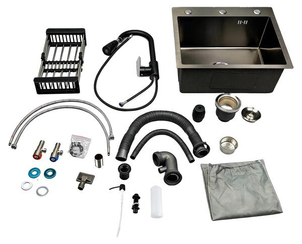 Lavello da cucina in acciaio inossidabile, completo di rubinetto e accessori, colore nero