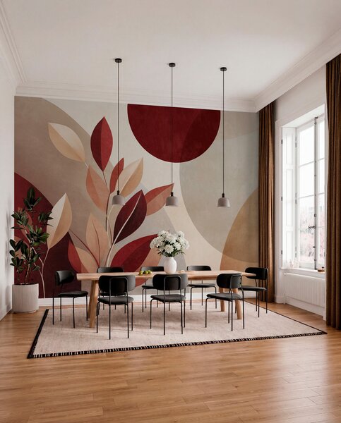 Carta da parati Foglie con texture nei toni del bordeaux e del beige su uno sfondo di forme astratte,, Carta da parati Buffer, w09829 : Uwalls.it