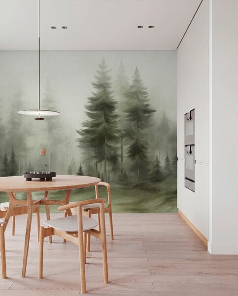 Carta da parati Una fitta foresta di alti pini avvolta da una leggera nebbia, un'opera d'arte, Carta da parati Natura, w09830v1 : Uwalls.it
