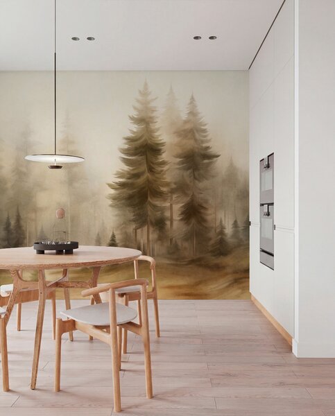Carta da parati Una fitta foresta di alti pini avvolta da una leggera nebbia, un'opera d'arte, Carta da parati Natura, w09830 : Uwalls.it