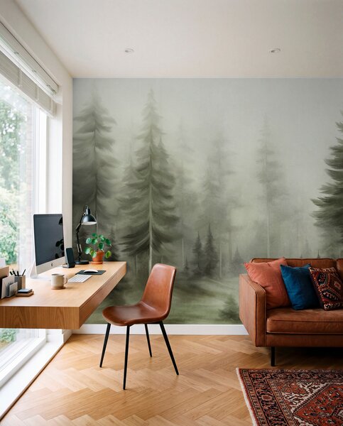 Carta da parati Una fitta foresta di alti pini avvolta da una leggera nebbia, un'opera d'arte, Carta da parati Natura, w09830v1 : Uwalls.it