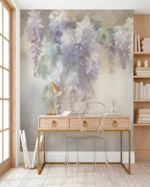 Carta da parati Fiori di glicine viola chiaro a trama ruvida che pendono insieme a foglie verdi, su uno, Carta da parati Natura, w09896 : Uwalls.it