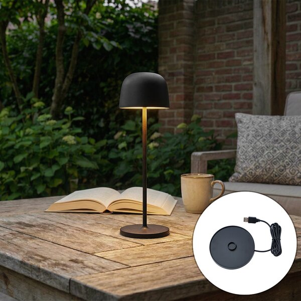 Lampada da tavolo nera con LED ricaricabile con stazione di ricarica IP65 - Raika