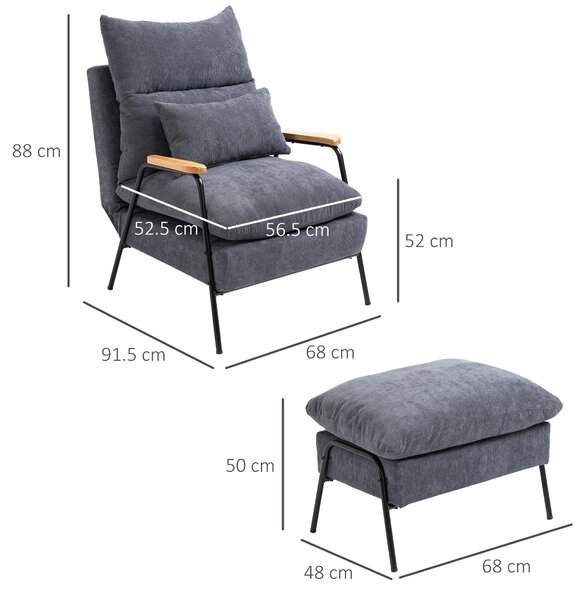 HOMCOM Poltrona in Velluto con Gambe in Acciaio, Reclinabile fino a 155°, Cuscino e Pouf Poggiapiedi Inclusi, Grigio|Aosom