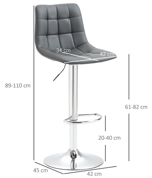 HOMCOM Set 2 Sgabelli da Bar Girevoli in Similpelle con Schienale e Poggiapiedi, 42x45x89-110cm, Grigio|Aosom