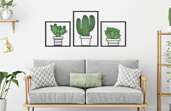 Pannello decorativo 3D - 3 Pezzi da parete in metallo CACTUS 33x1,3x46,5-33x1,3x33 raffiguranti 3 vasetti con cactus colorati
