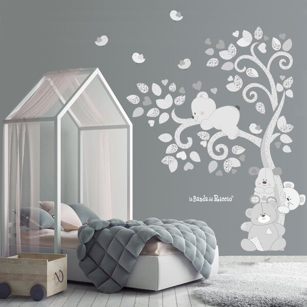 Alberi Albero Cuccioli nel Vento Grigio - Adesivi Murali per Bambini