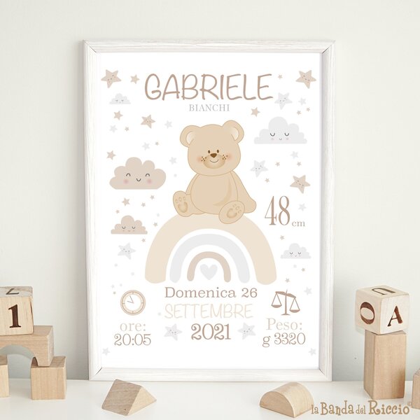 Quadretti Nascita Quadretto nascita Orsetto sull'arcobaleno Beige - Adesivi Murali per Bambini