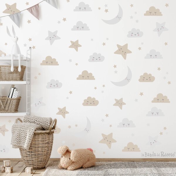 Pattern Nuvolette e Stelle pattern Grigio/Azzurro - Adesivi Murali per Bambini