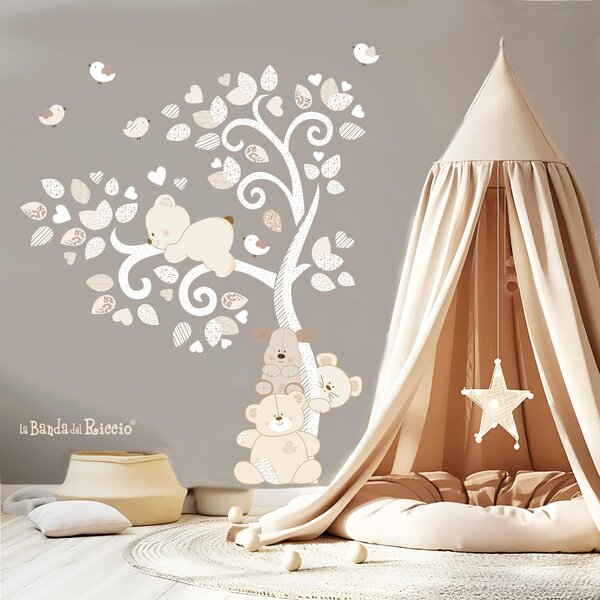 Alberi Albero Cuccioli nel Vento Bianco/Beige - Adesivi Murali per Bambini