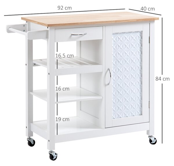 HOMCOM Carrello da Cucina a 4 Ruote con 1 Cassetto, 1 Armadietto, 1 Ripiano Aperto a 3 Livelli e 1 Portasciugamani 92x40x84 cm, Bianco|Aosom