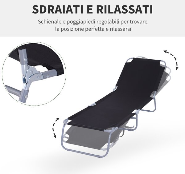 Outsunny Sdraio da Giardino Pieghevole in Metallo e Tessuto Oxford, Lettino Prendisole Traspirante 187x55x24cm Nero|Aosom