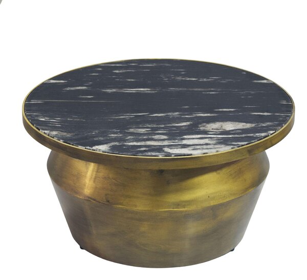 Tavolino WOHNLING, 60 cm, in alluminio con piano in marmo nero. Tavolino rotondo per soggiorno, da usare accanto al divano, come tavolino da caffè o tavolino ausiliario. Prodotto artigianale
