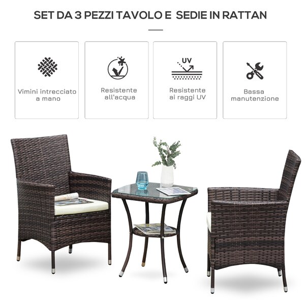 Outsunny Set Mobili da Giardino Rattan Set Arredamento Giardino 3pz Tavolo con 2 Sedie con Cuscini Marrone|Aosom