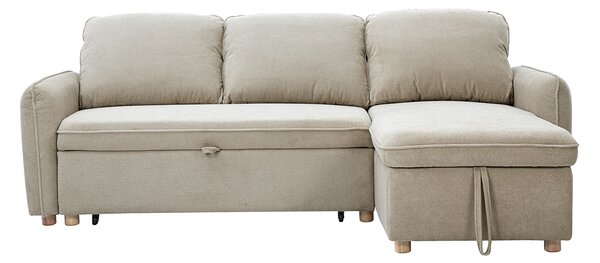 Divano ad angolo convertibile reversibile con baule 3 posti in tessuto ciniglia testurato beige e legno chiaro ORSO
