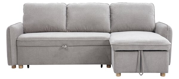 Divano ad angolo convertibile reversibile con baule 3 posti in tessuto ciniglia testurato grigio e legno chiaro ORSO