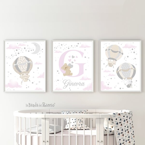 Tutte le decorazioni murali Set quadretti cameretta Mongolfiere 4 Con Nome Grigio/Rosa - Adesivi Murali per Bambini