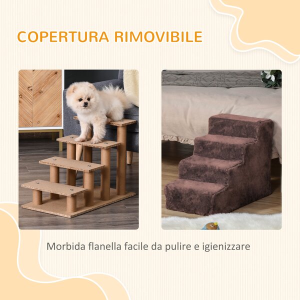 PawHut Scaletta per Cani a 4 Gradini con Rivestimento Sfoderabile e Lavabile, Portatile, 60x35x44 cm, Marrone | Aosom Italy