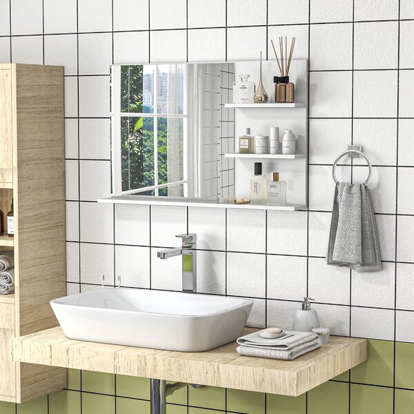 Kleankin Specchio da Bagno a Parete con 2 Ripiani Laterali e Ripiano Inferiore, in MDF e Vetro con finitura verniciata, 75x10x48 cm, Bianco | Aosom Italy