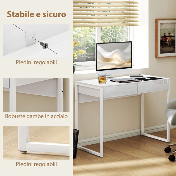 HOMCOM Scrivania Moderna con 2 Cassetti e Gambe in Acciaio, 100x50x75 cm, Bianco Lucido | Aosom Italy