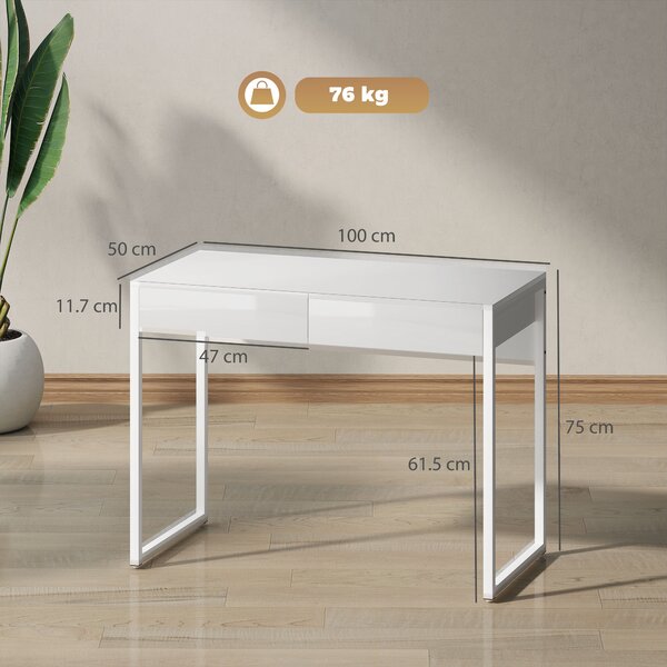 HOMCOM Scrivania Moderna con 2 Cassetti e Gambe in Acciaio, 100x50x75 cm, Bianco Lucido | Aosom Italy
