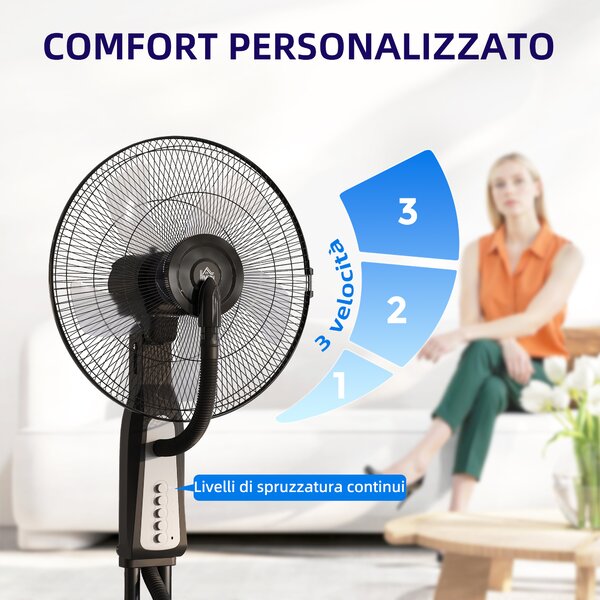 HOMCOM Ventilatore Nebulizzatore a 3 Velocità, Oscillazione 75° e Nebulizzazione Regolabile, Nero | Aosom Italy