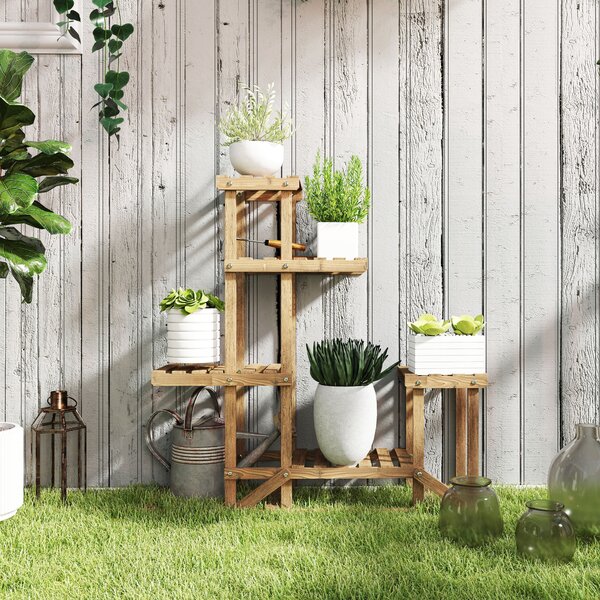 Outsunny Scaffale Porta Piante e Fiori a 6 Livelli Asimmetrico, Fioriera Verticale in Legno per Giardino e Casa, Colore Naturale|Aosom