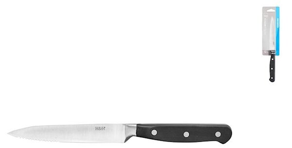 Set 6 coltelli bistecca punta seghettata Black&Steel in acciaio inox manico nero cm 12