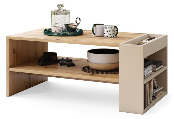NEFRI Rovere Artisan / Beige (Champagne) - MODERNO TAVOLINO DA SOGGIORNO SALOTTO CON RIPIANO E SCAFFALE