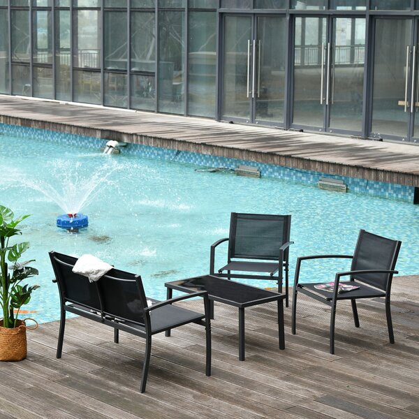 Outsunny Salotto da Esterno, Set 4 Pezzi con 1 Tavolino, 2 Sedie da Giardino e 1 Panca in Metallo, Nero|Aosom
