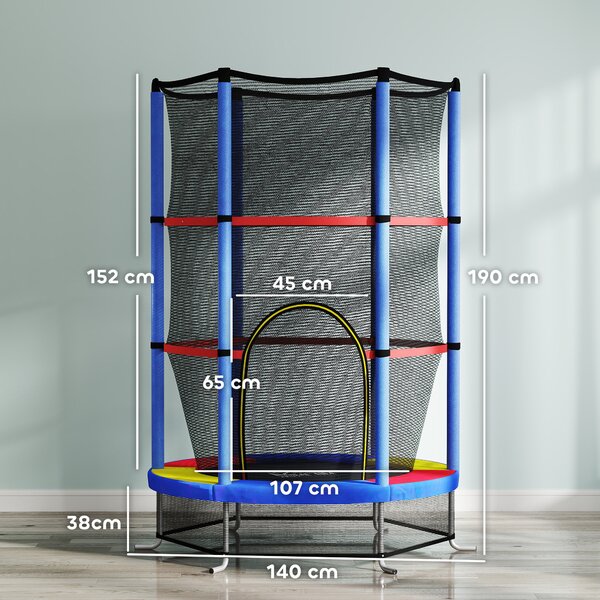 HOMCOM Tappeto Elastico per Bambini 3-6 Anni con Rete di Protezione, 6 Colonne e 3 Ingressi, Ø140x190 cm, Multicolore