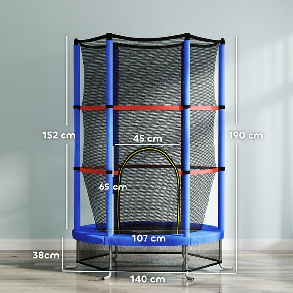 HOMCOM Tappeto Elastico per Bambini 3-6 Anni con Rete di Protezione, 6 Colonne e 3 Ingressi, Ø140x190 cm, Blu e Nero