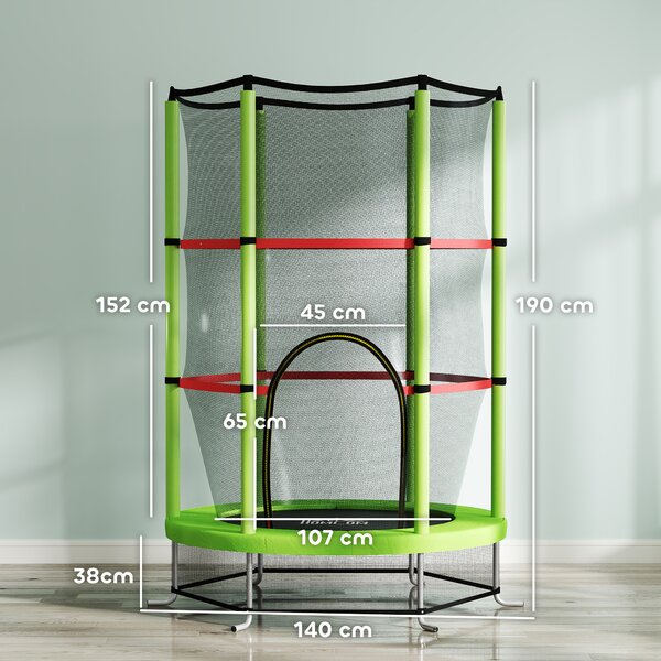 HOMCOM Tappeto Elastico per Bambini 3-6 Anni con Rete di Protezione, 6 Colonne e 3 Ingressi, Ø140x190 cm, Verde e Nero