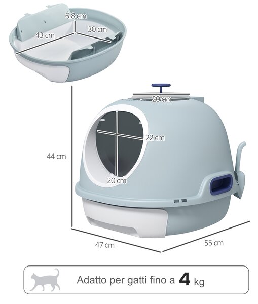 PawHut Lettiera per Gatti Chiusa con Vassoio Estraibile, 2 Ingressi e Paletta, 47x55x44cm, Azzurro|Aosom
