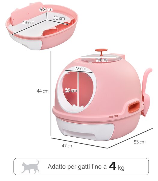 PawHut Lettiera per Gatti Chiusa con Vassoio Estraibile, 2 Ingressi e Paletta, 47x55x44cm, Rosa|Aosom