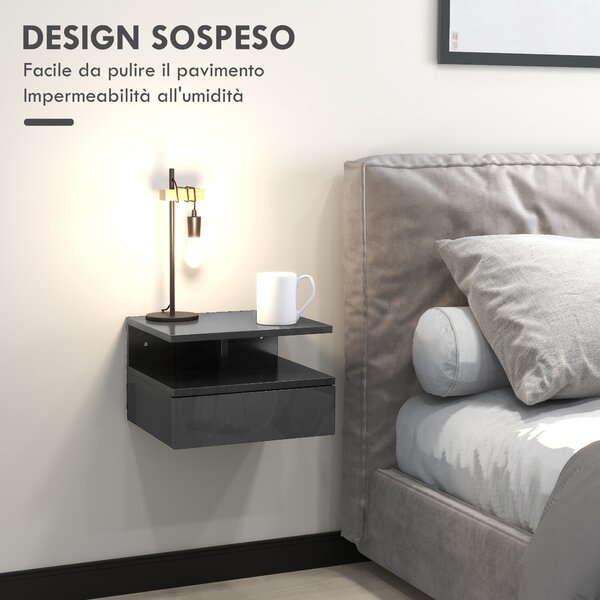 HOMCOM Set da 2 Comodini Moderni Sospesi con Cassetto e Mensola in Legno 35x32x22.5cm, Nero Lucido