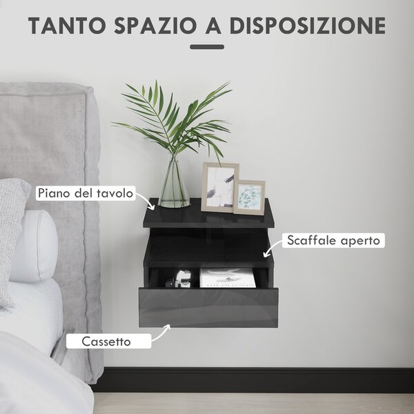 HOMCOM Set da 2 Comodini Moderni Sospesi con Cassetto e Mensola in Legno 35x32x22.5cm, Nero Lucido