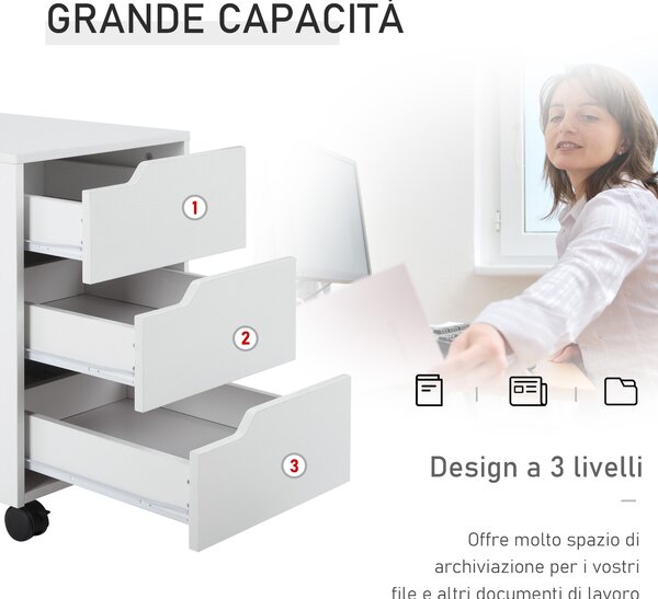 HOMCOM Cassettiera da Ufficio a 3 Cassetti con Maniglie a Scomparsa, in Legno e Metallo, 40x50x57.5 cm, Bianco