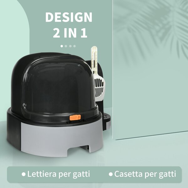 PawHut Lettiera per Gatti Chiusa con Coperchio, Vassoio Estraibile e Paletta, in PP e PC, 52x60x42 cm, Grigio Scuro | Aosom Italy