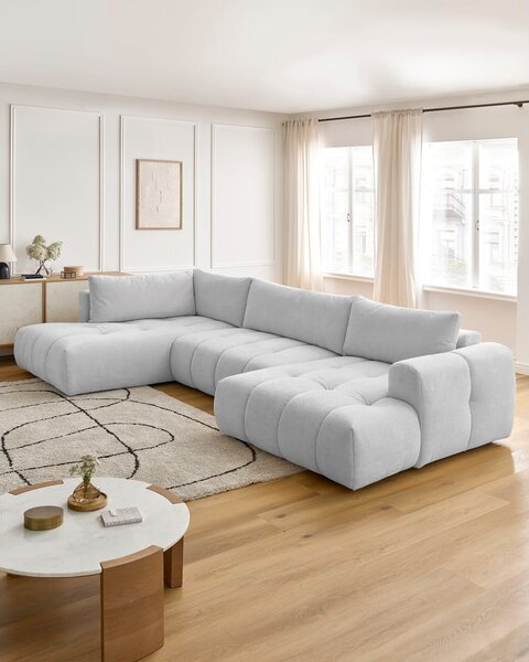 Divano angolare grigio chiaro allungabile e con contenitore (penisola a sinistra/a U) Fuji – Bobochic Paris
