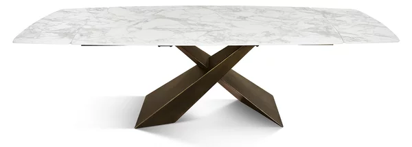Tavolo allungabile in ceramica bianco statuario con gambe X bronzo 180x90
