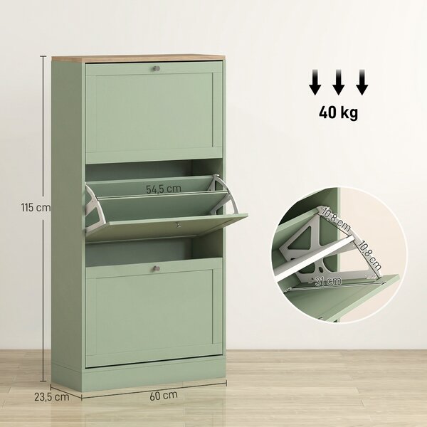 HOMCOM Scarpiera moderna per 18 paia di scarpe con 3 ante ribaltabili, 60x23.5x115 cm, verde | Aosom Italy