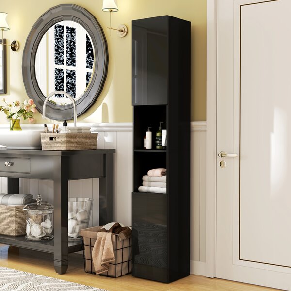 Kleankin Mobile colonna bagno 2 ante con ripiani regolabili e 2 nicchie, 30x30x181.5 cm, nero | Aosom Italy