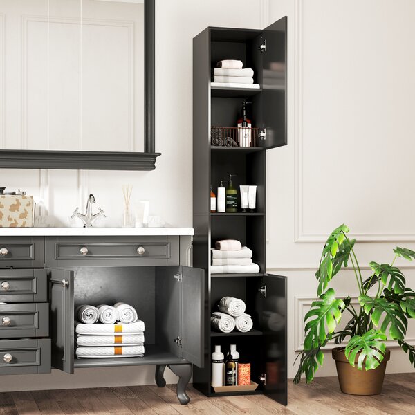 Kleankin Mobile colonna bagno 2 ante con ripiani regolabili e 2 nicchie, 30x30x181.5 cm, nero | Aosom Italy