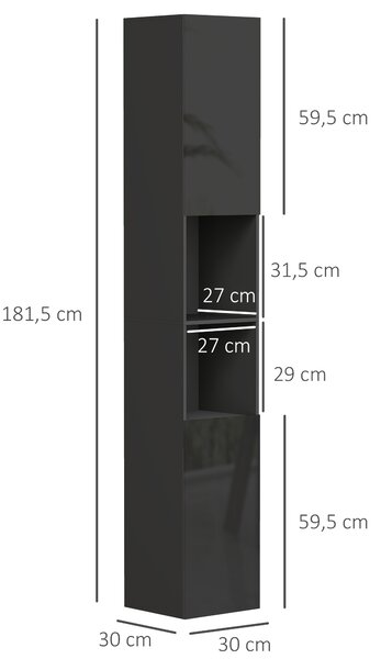 Kleankin Mobile colonna bagno 2 ante con ripiani regolabili e 2 nicchie, 30x30x181.5 cm, nero | Aosom Italy
