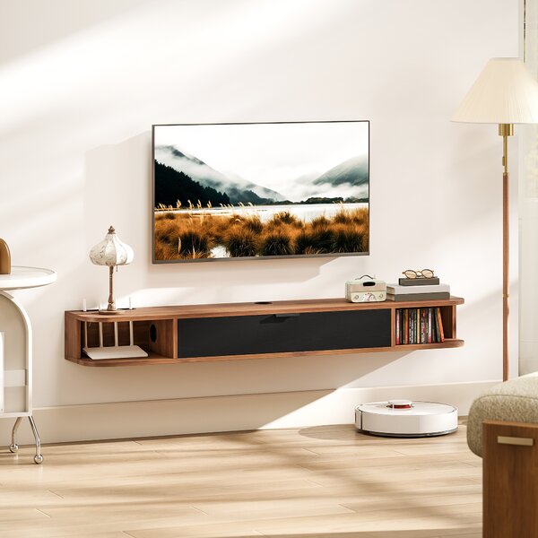 HOMCOM Mobile TV sospeso fino a 152.4 cm con cassetto ribaltabile e 2 ripiani, noce | Aosom Italy