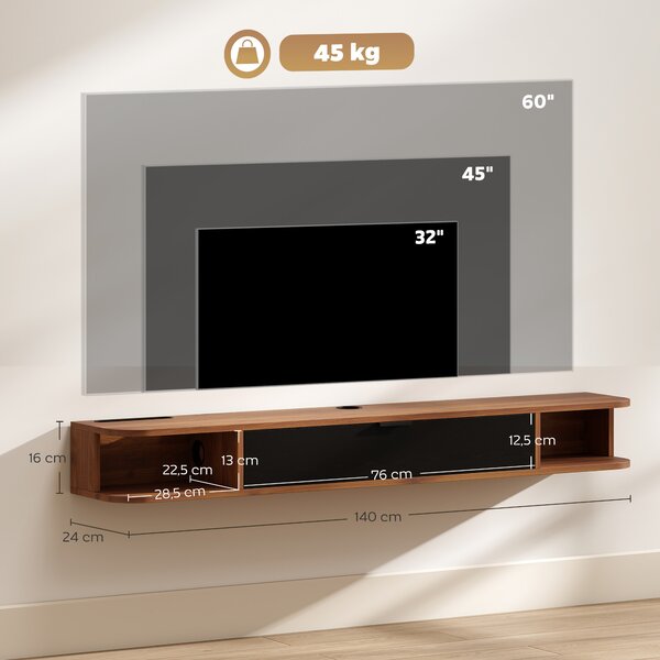 HOMCOM Mobile TV sospeso fino a 152.4 cm con cassetto ribaltabile e 2 ripiani, noce | Aosom Italy