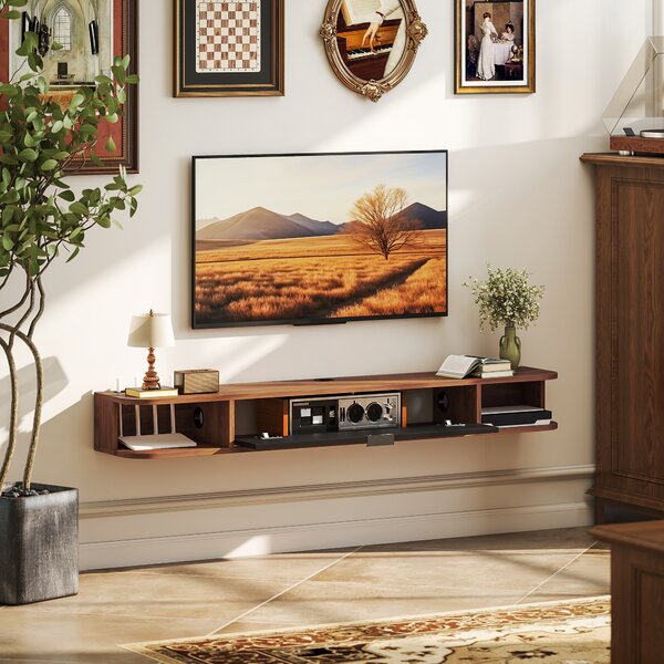 HOMCOM Mobile TV sospeso fino a 152.4 cm con cassetto ribaltabile e 2 ripiani, noce | Aosom Italy